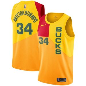 2018-19 Antetokounmpo Bucks Basketball Jersey #34 City Yellow 24935