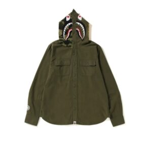 BAPE Shark Flannel Hoodie Shirt Olive 154686