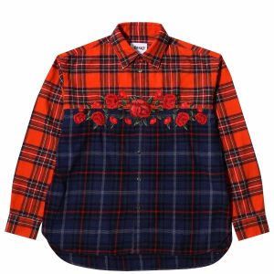 Awake Embroidered Rose Flannel Shirt Red Black AWK S20 TP001