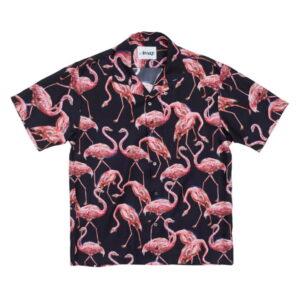 Awake Silk Flamingo Print Camp Shirt Black 343280