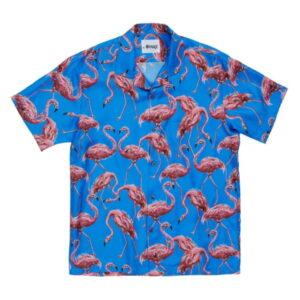 Awake Silk Flamingo Print Camp Shirt Blue Black 333287