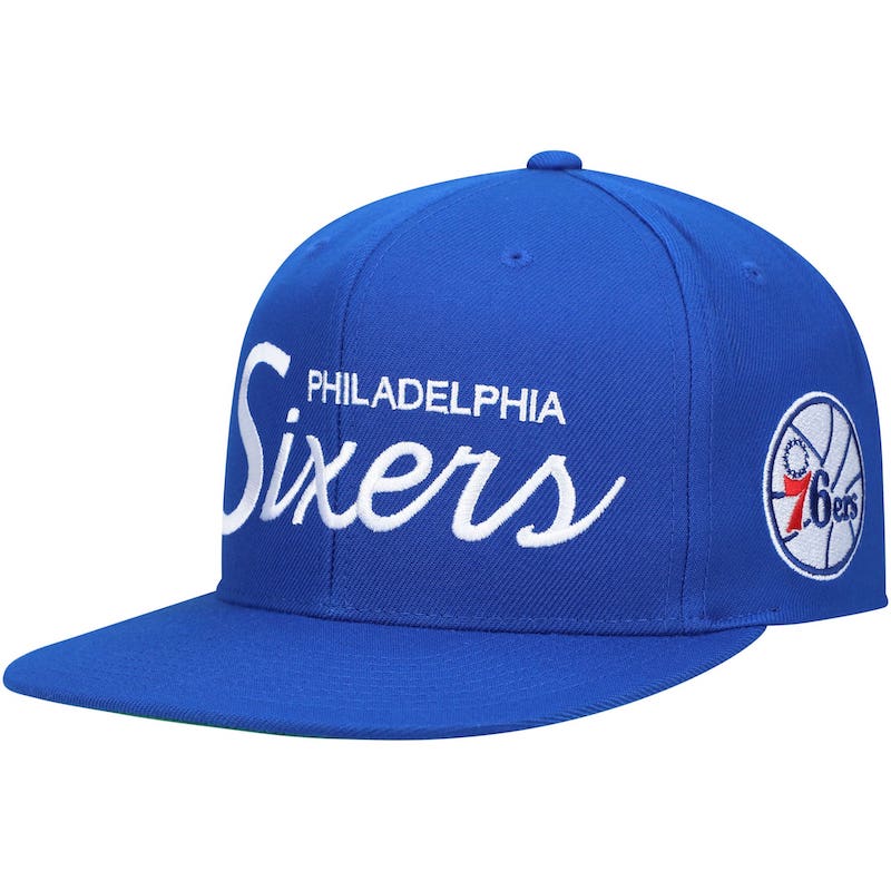 Men's Mitchell & Ness Royal Philadelphia 76ers Hardwood Classics Vintage Script Snapback Hat Violet 4511184