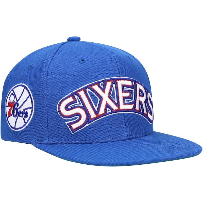 Men's Mitchell & Ness Royal Philadelphia 76ers Hardwood Classics XL Wordmark Snapback Hat 4586472