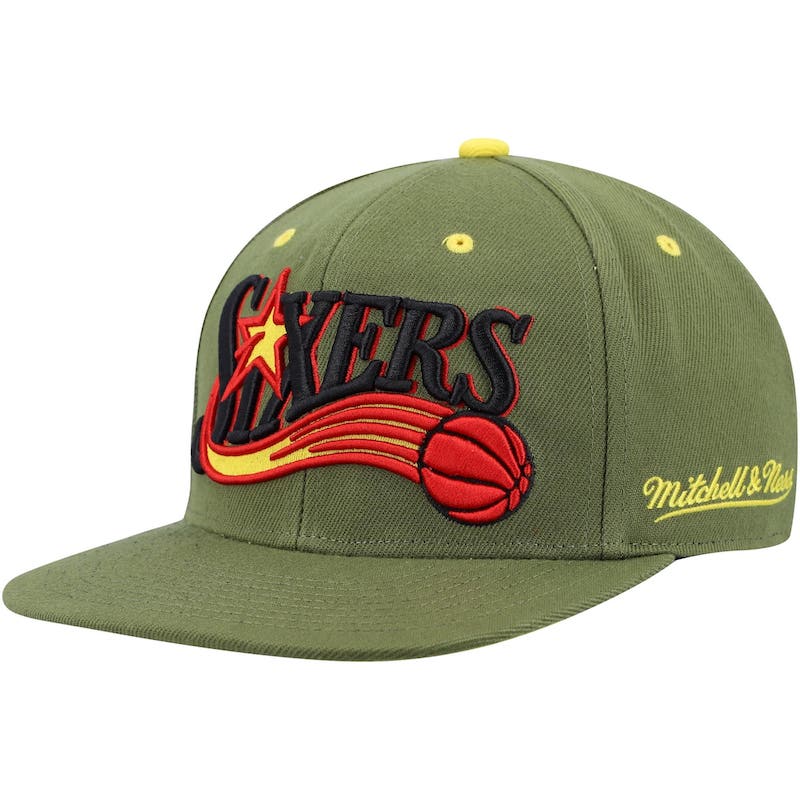 Men's Mitchell & Ness x Lids Olive Philadelphia 76ers Dusty NBA Draft Hardwood Classics Fitted Hat 4561096