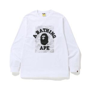 BAPE ABC Dot Reflective Camo on College Long Sleeve Tee White Black 492169