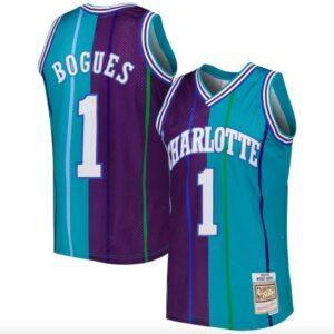 Basketball Jersey 1992-93 Charlotte Hornets #1 Muggsy Bogues Mitchell & Ness Split Teal/Purple Jersey Black 575734