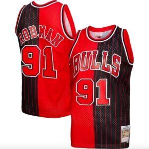 1995-96 Chicago Bulls #91 Dennis Rodman Mitchell & Ness Split Red/Black Jersey Basketball Jersey 579998