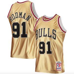 Basketball Jersey 1997-98 Chicago Bulls #91 Dennis Rodman 75th Anniversary Hardwood Classics Gold Jersey 580622