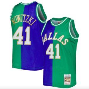 Basketball Jersey 1998-2019 Dallas Mavericks #41 Dirk Nowitzki Mitchell & Ness Split Blue/Green Jersey Blue 585309