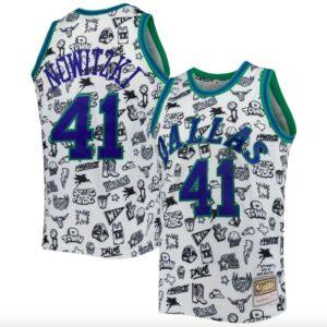 Basketball Jersey 1998-99 Dallas Mavericks #41 Dirk Nowitzki Mitchell & Ness Doodle White Jersey Tang 585323