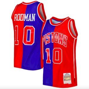 1988-89 Detroit Pistons #10 Dennis Rodman Mitchell & Ness Split Blue/Red Jersey Basketball Jersey Green 590218