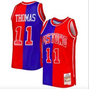 1988-89 Detroit Pistons #11 Isiah Thomas Mitchell & Ness Split Blue/Red Jersey Basketball Jersey 592294