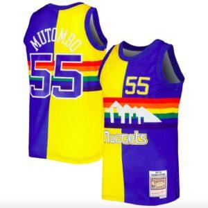 1991-92 Denver Nuggets #55 Dikembe Mutombo Mitchell & Ness Split Royal/Gold Jersey Basketball Jersey 588038