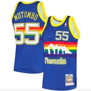 1991 Denver Nuggets #55 Dikembe Mutombo Mitchell & Ness Hardwood Authentic Royal Jersey Basketball Jersey Black 590192