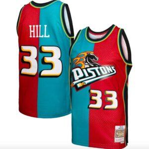 Basketball Jersey 1999-00 Detroit Pistons #33 Grant Hill Mitchell & Ness Split Teal/Red Jersey White 590290