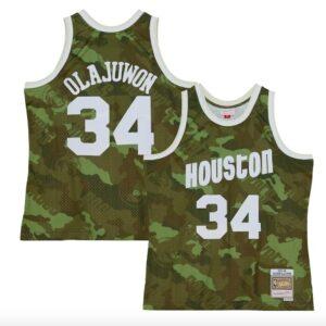 Basketball Jersey 1993-94 Houston Rockets #34 Hakeem Olajuwon Mitchell & Ness Ghost Green Camo Jersey 600931