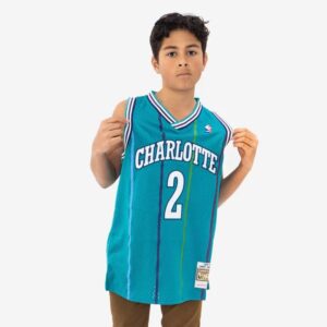 Basketball Jersey 1992-93 Charlotte Hornets Larry Johnson #2 Youth Swingman Hardwood Classics Teal Jersey Turquoise 696693