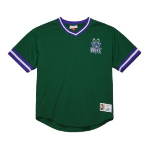 Mitchell & Ness Fashion Mesh V-Neck Vintage Logo Milwaukee Bucks T-Shirt Green 760586