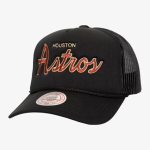 Baseball Cap Mitchell & Ness Black Houston Astros Cooperstown Collection Script Trucker Adjustable Hat Brown 772384