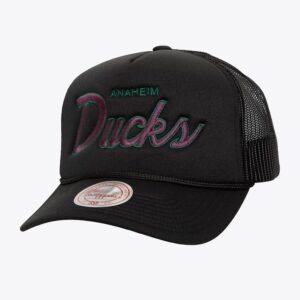 Baseball Cap Mitchell & Ness Black Anaheim Ducks Vintage Script Trucker Adjustable Hat Black 1022315