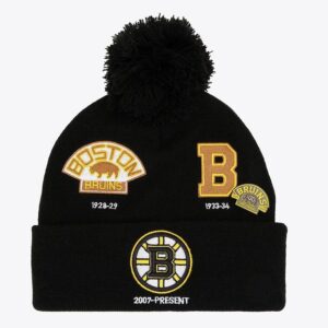 Mitchell & Ness Black Boston Bruins Timeline Cuffed Knit Hat with Pom Black 1071451