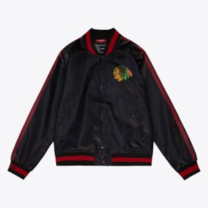 Bomber Jacket Mitchell & Ness Women's Black Chicago Blackhawks Raglan Satin Full-Snap Jacket Black 1376904