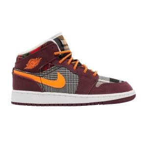 Air Jordan 1 Mid SE GS 'Plaid' Night Burgundy/Black/White/Total Orange FD5460 608