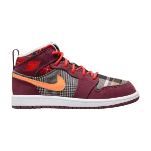 Air Jordan 1 Mid SE PS 'Plaid' Sneakers Night Burgundy/Black/White/Total Orange FD5461 608