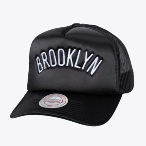 Baseball Cap Mitchell & Ness Black Brooklyn Nets Satin Trucker Snapback Hat Black 1592828