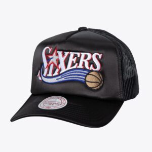 Mitchell & Ness Black Philadelphia 76ers Satin Trucker Snapback Hat Black 1592874