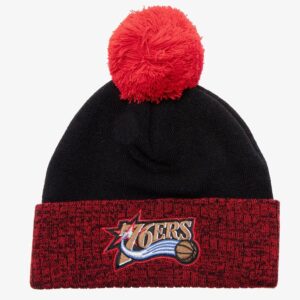 Mitchell & Ness Black Red Philadelphia 76ers Hardwood Classics Two-Tone Cuffed Knit Hat with Pom Black 1593518