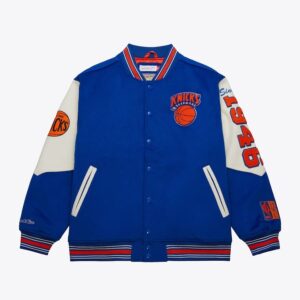 Bomber Mitchell & Ness Blue New York Knicks Team History Vintage Logo Full-Snap Varsity Jacket Blue 1591967