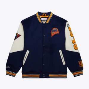 Bomber Mitchell & Ness Navy Golden State Warriors Team History Vintage Logo Full-Snap Varsity Jacket Blue 1591937